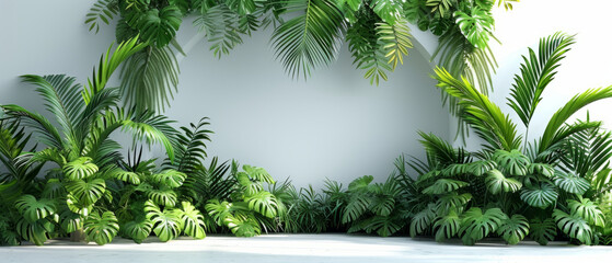 A lush, indoor tropical garden scene with a variety of green plants and ferns arranged against a blank wall, creating a natural and refreshing backdrop.