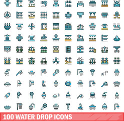 100 water drop icons set. Color line set of water drop vector icons thin line color flat on white