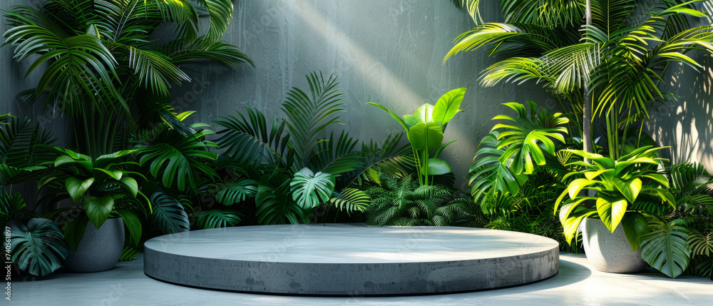 Poster an empty circular podium surrounded by lush tropical greenery, illuminated by beams of sunlight filt