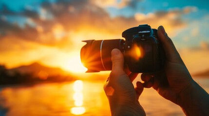 Capturing the golden hour, a skilled photographer stands against the sky, their digital slr camera ready to capture the breathtaking sunset with its lens pointed towards the radiant sun - obrazy, fototapety, plakaty
