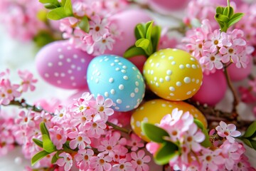 Fototapeta premium Happy Easter Eggs Basket delphiniums. Bunny hopping in flower eggstraordinary decoration. Adorable hare 3d sacrifice rabbit illustration. Holy week easter hunt easter ribbon flower card Nectar