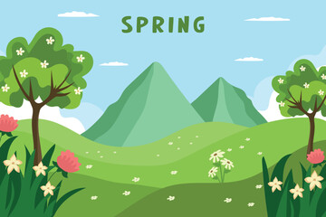 Spring illustration. Spring landscape with flowers, meadow, mountains and trees.