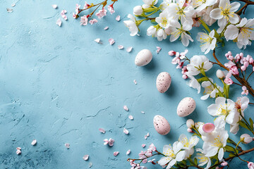 Colorful Easter eggs with spring blossom flowers over blue background. Colored Egg Holiday border.