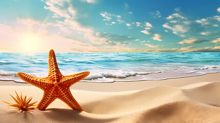 Fototapeta na wymiar Beautiful beach with starfish and shells