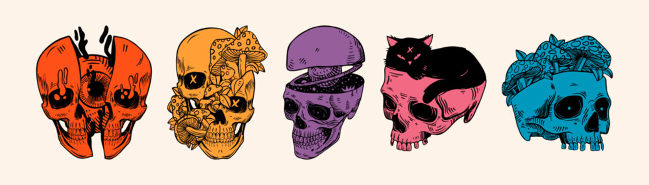 Set of skulls with with fly agaric cat and Saturn. Trendy vector illustration isolated on a background.