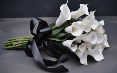 small funeral bouquet of calla lilies with black ribbon on a gray background 