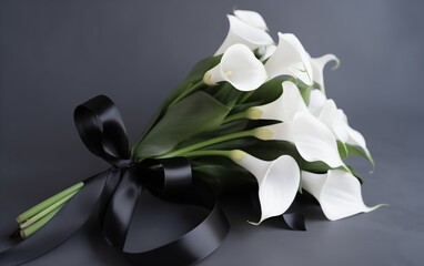 small funeral bouquet of calla lilies with black ribbon on a gray background 