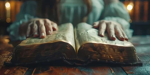 Papier Peint photo Vielles portes A young woman holds an open Bible with her hands on its pages in a moment of prayer and contemplation.