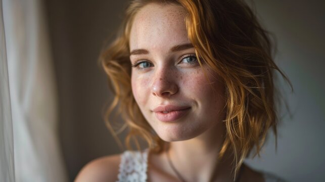 A captivating portrait of a girl with freckles and piercing blue eyes, her layered brown hair cascading down her neck as she smiles, framed by a simple indoor setting and a dress that reflects her fe