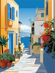 A painting depicting a narrow street lined with colorful potted plants on either side, creating a vibrant and cozy atmosphere.