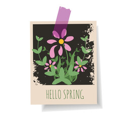 Spring Flowers on Polaroid snapshot. Summer Floral bouquet on retro photo background. Polaroid Frame isolated white background. Vector illustration can used web and social media design. EPS 10 