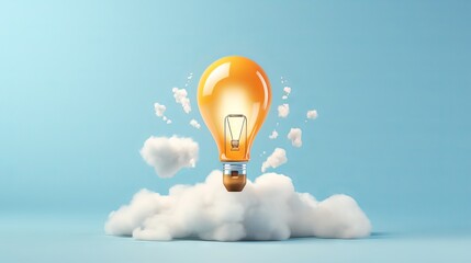 Illuminating business concept: idea light bulb soars skyward like a rocket in vibrant flat lay composition