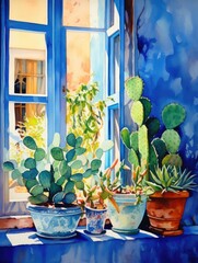 A painting featuring three potted plants sitting on a window sill against a plain background, depicting a simple and natural aesthetic.