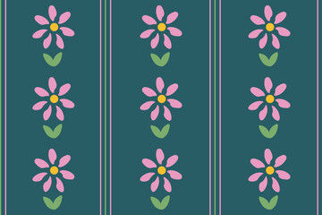 Spring Flowers seamless pattern. Hand drawn Summer Flower with Geometric lines on blue background. Vector illustration can used fabric bed linen print and wrapping paper. EPS 10