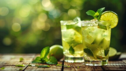 Refreshing and citrusy, two glasses of green liquid with mint leaves make for the perfect summer cocktail garnished with key lime and lemon, evoking images of classic cocktails like the caipirinha, m