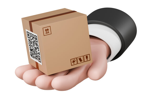 3D Courier's Deliveryman or businessman hand holding cargo box with barcode icon. Hand with parcel box. Fast delivery Online concept. E-Commerce concept. isolated on brown background. 3D Rendering.