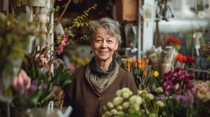 Senior woman sales flowers in her flower shop. Happy smiling mature florist woman working at flower shop. Portrait of successful modern florist wearing apron