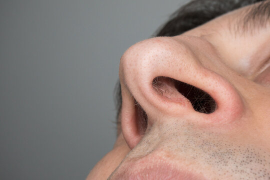 Up the nose, low angle shot of male nostril holes and nose hairs