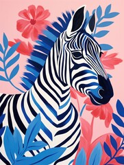 Fototapeta na wymiar A zebra is depicted in a painting surrounded by vibrant flowers, showcasing the contrast between the black and white stripes of the zebra against the colorful blooms.