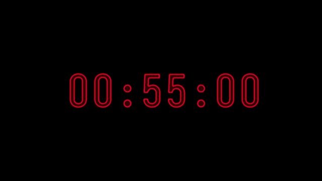 One minute Countdown timer. Digital countdown clock timer in one minute or 60 seconds to zero second. Red digit number on isolated black background. 4k animation.