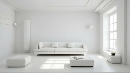 A minimalist interior design with a touch of Soviet influence, featuring clean lines and a monochromatic color scheme of white and grey. - obrazy, fototapety, plakaty