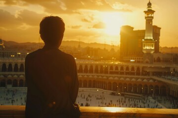 Fototapeta premium A breathtaking view of a grand architectural structure, with a person in the foreground observing the scene, illuminated by the golden hues of sunset