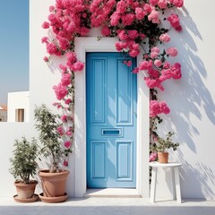 A blue door adorned with vibrant pink flowers, creating a striking contrast and adding a touch of charm to the entrance.