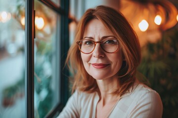 Femme d'affaires rousse à lunettes dans un bureau » IA générative - obrazy, fototapety, plakaty