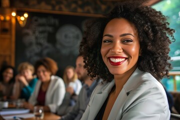 Femme d'affaires noire souriante durant une réunion » IA générative - obrazy, fototapety, plakaty