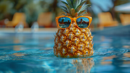 Pineapple in sunglasses floating in a pool on a sunny summer day. The concept of summer vacation, travel, vacation, relaxation. Generative AI.	