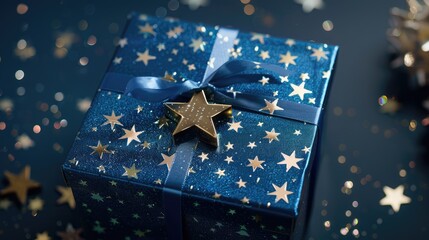 Dark blue gift box with gold satin ribbon on dark background. Top view of birthday gift with copy space for holiday or Christmas present. Ai generative.