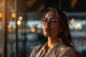Femme d'affaires à lunettes en pleine réflexion » IA générative