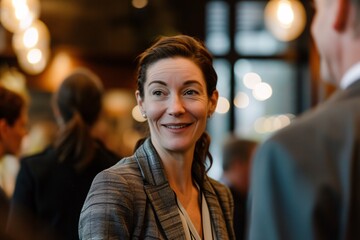 Femme d'affaires souriante durant un cocktail entre professionnels » IA générative - obrazy, fototapety, plakaty