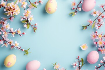 Easter blue background mockup with eggs and flowers, with open space for text and design. Festive illustration of an Easter table with spring cherry blossom branches in 3D style.