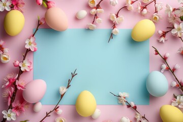 Easter duotone mockup background with eggs and flowers, Festive illustration of an Easter table with spring cherry blossom branches in 3D style, in trendy blue and pink colors.