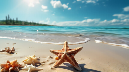 Fototapeta na wymiar Sea shells and starfish, starfish on the ocean surface