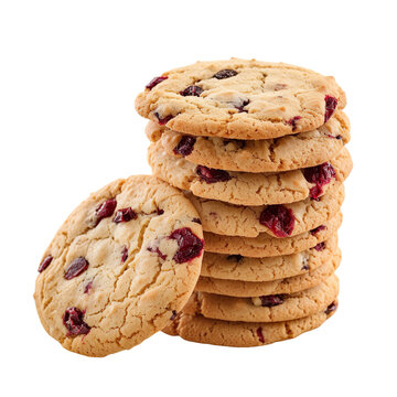 front view of a delicious looking stack of Cranberry Orange cookies kept in food photography style and studio lighting isolated on a white transparent background