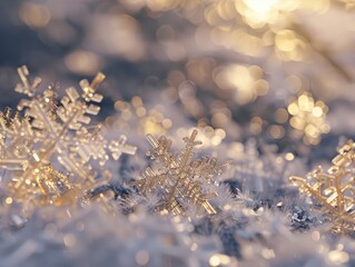 snowflake ice crystals snow falling on frozen ground and plants on a cold winter night Ai generative