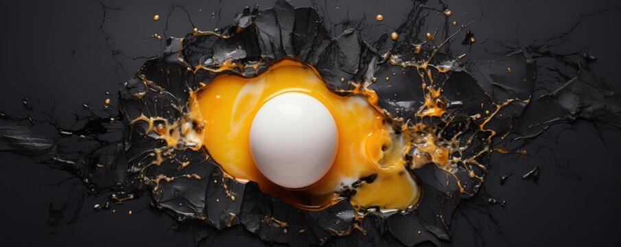 BIO fresh chicken broken eggs on green farm, food protein healthy food banner. Generative Ai.