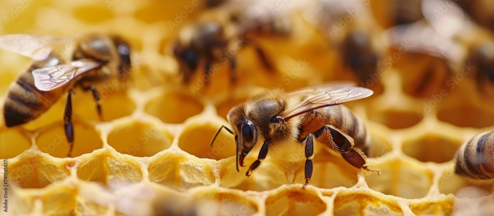 Poster a mesmerizing view of a swarm of bees gathering nectar on a hexagonal honeycomb