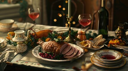 Christmas Dinner table full of dishes with food and snacks, New Year's decor with a Christmas tree on the background. Generative AI