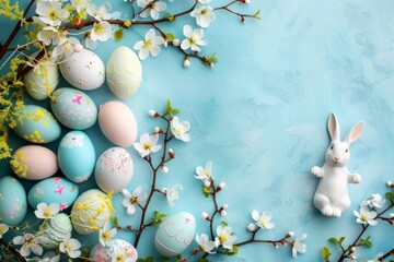 Happy Easter Eggs Basket Apple Green. Bunny hopping in flower easter bunny card decoration. Adorable hare 3d hieroglyph rabbit illustration. Holy week easter hunt easter garden flag card spoof - obrazy, fototapety, plakaty