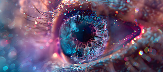 A captivating close-up of a woman's eye with stars, glowing light, and aether clouds, creating a mesmerizing cosmic wonder and ethereal image. - obrazy, fototapety, plakaty