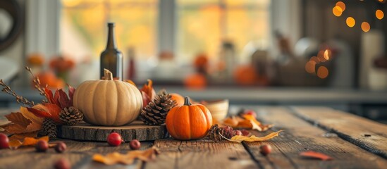 Obraz na płótnie Canvas Rustic wooden table adorned with autumn pumpkin and elegant wine bottle decoration