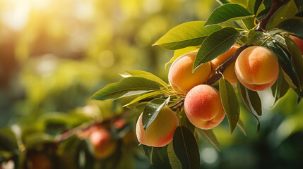 Ripe peaches growing on a branch with green leaves in the garden. Sunny day. Bokeh effect. AI...