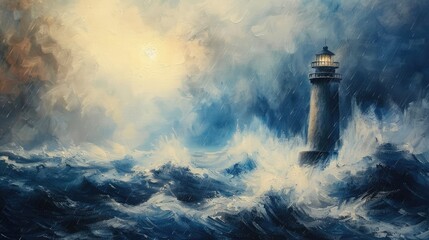 Dreamy Acrylic Painting of Lighthouse Guiding Ships in Stormy Sea, Symbolizing Hope and Safety