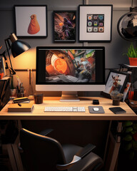 A desktop computer or PC on a desk in a graphic designer or photographer's office, workspace, studio. Orange hues.