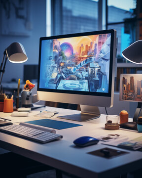 A desktop computer or PC on a desk in a graphic designer or photographer's office, workspace, studio. Blue hues.