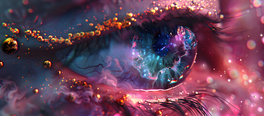 A captivating close-up of a woman's eye with stars, glowing light, and aether clouds, creating a mesmerizing cosmic wonder and ethereal image.
