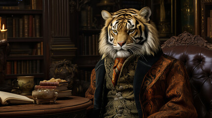 sophisticated tiger in a velvet smoking jacket, adorned with gold embroidery and a silk cravat. Against a backdrop of royal palaces, it exudes aristocratic elegance and feline grace. Mood: regal and r - obrazy, fototapety, plakaty